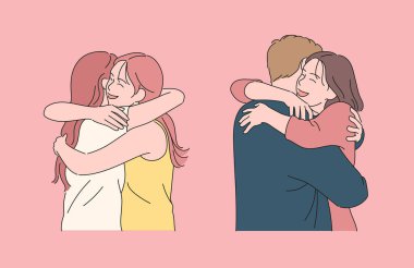 A girl is hugging a girl with a smiling face. A girl is hugging a boy with a smile. hand drawn style vector design illustrations.
