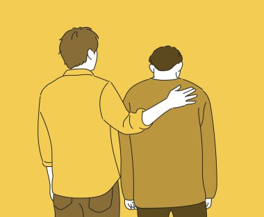 One man is patting the other man's shoulders and comforting him. hand drawn style vector design illustrations.