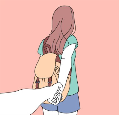 Self Camera Concept. Back view of walking girlfriend holding hands. hand drawn style vector design illustrations.