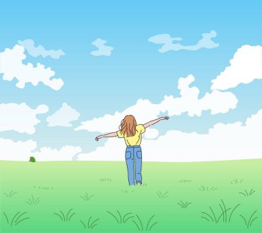 A woman stands with arms wide open against a wide field and wide sky. hand drawn style vector design illustrations.