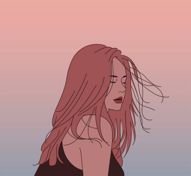 A woman stands with her hair blowing in the wind. hand drawn style vector design illustrations.