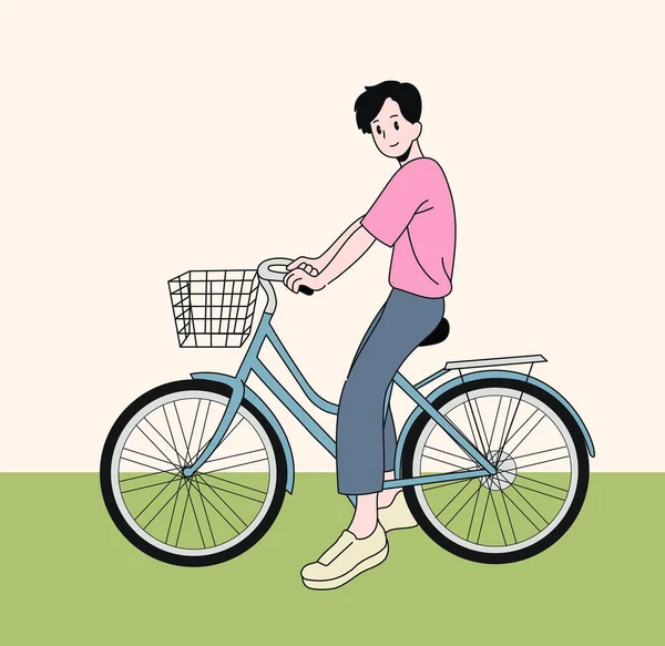 自転車に乗るのを楽しんでいる少年 手描きのベクターデザインイラスト — ストックベクタ