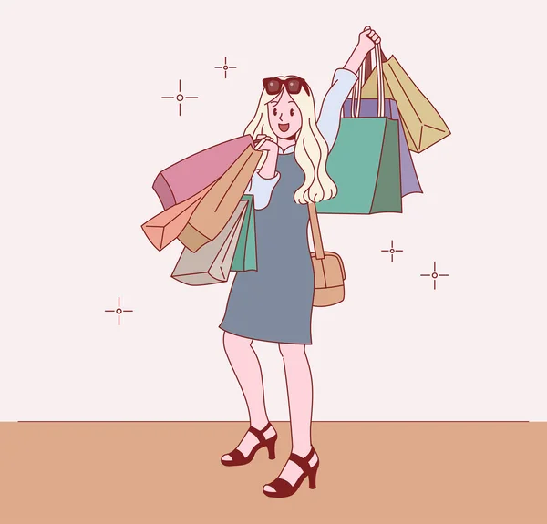 Una Chica Que Lleva Muchas Bolsas Compras Compras Lujo Ilustraciones — Vector de stock