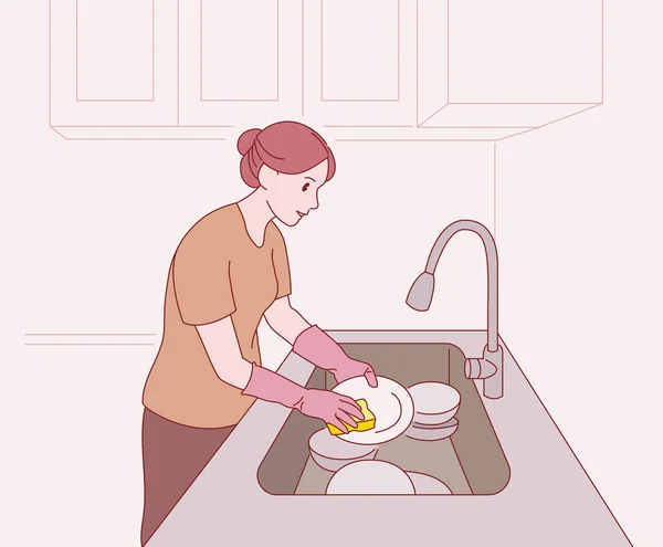 Una Mujer Está Lavando Platos Ilustraciones Diseño Vectores Estilo Dibujado — Archivo Imágenes Vectoriales