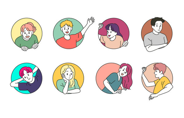 Люди смеются в круглом зале. Люди пожимают руки в круглом окне. Ручные рисунки векторного дизайна.