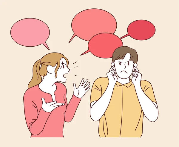 Woman Nagging Loudly Man Blocking Ears Hand Drawn Style Vector — Διανυσματικό Αρχείο