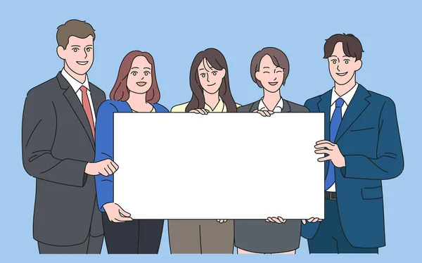 Cheerful Facial Expression Business Team Holding Blank White Board Hand — Wektor stockowy