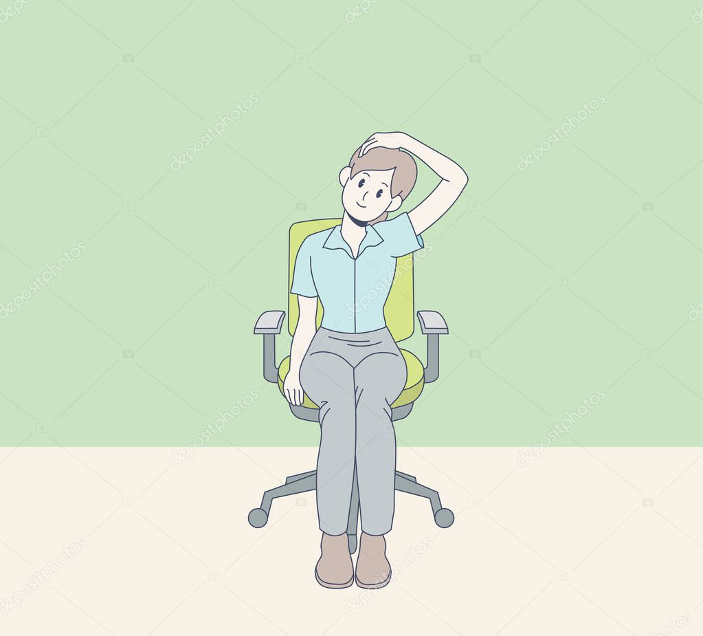 How to sit on a chair and stretch. A character that tells stretching information for a healthy life. hand drawn style vector design illustrations.