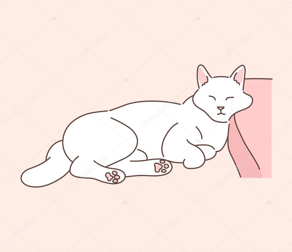 The white cat is sleeping. hand drawn style vector design illustrations.