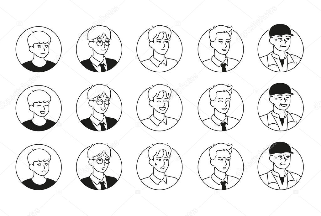 Set of faces with different ages and different emotions. hand drawn style vector design illustrations.