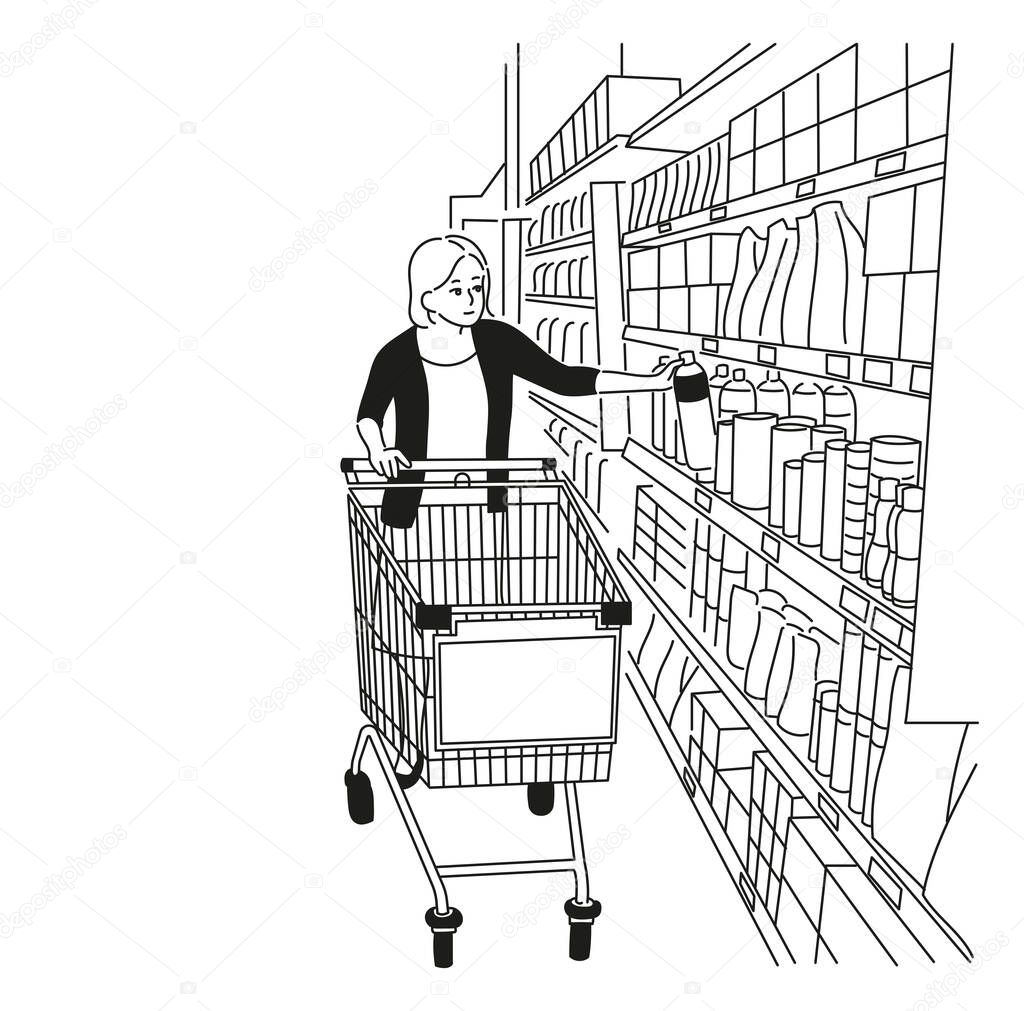 A woman is holding something in a cart. Supermarket shelf background. monochrome. hand drawn style vector design illustrations.