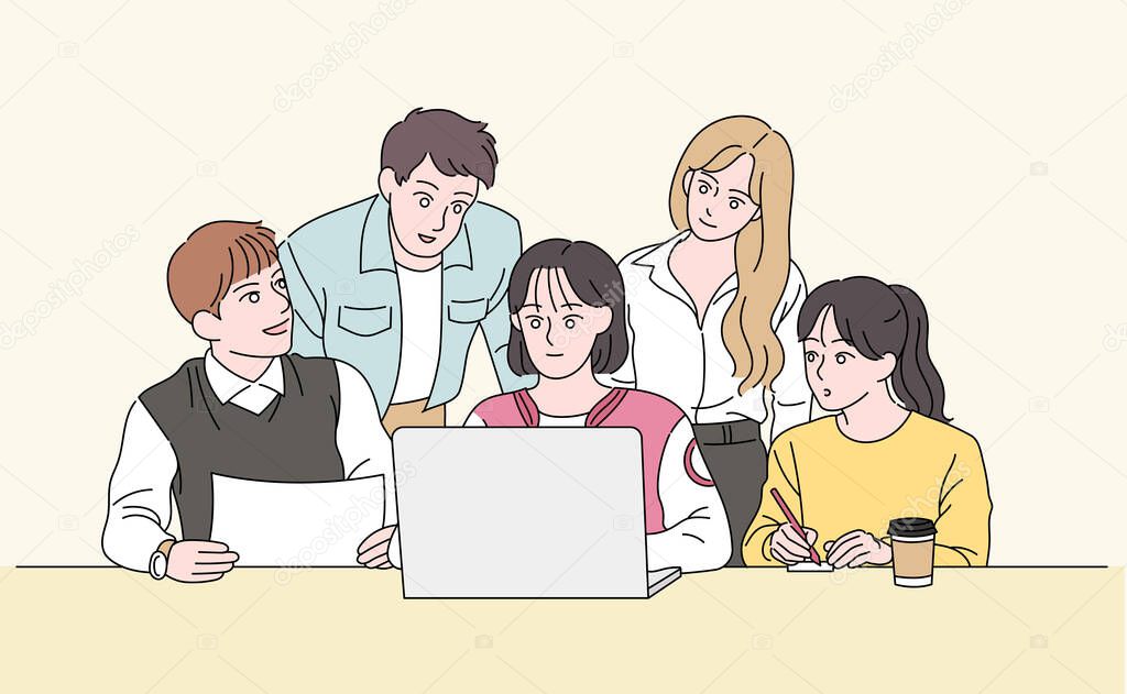 A woman is using a laptop and brainstorming around her. hand drawn style vector design illustrations.