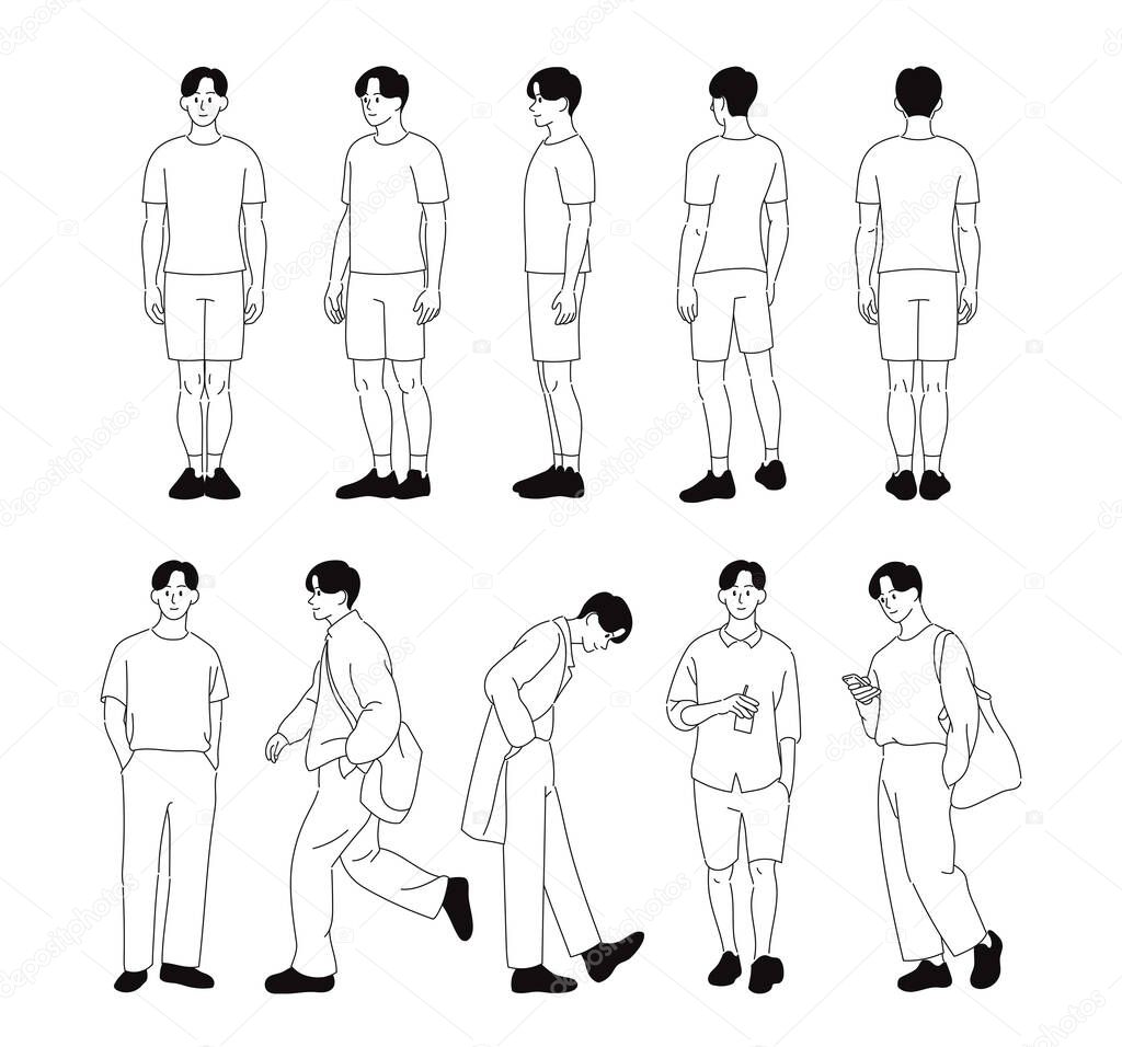 Man character for various views. Basic posture set. hand drawn style vector design illustrations.