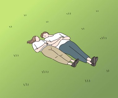 A man and a woman are lying comfortably on the lawn, looking at each other. hand drawn style vector design illustrations.