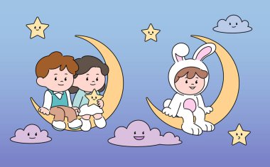 Cute couple sitting on the crescent moon. Cute rabbit boy sitting on the crescent moon. hand drawn style vector design illustrations.