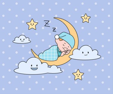 Cute boy sleeping on the crescent moon. hand drawn style vector design illustrations.