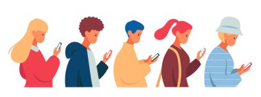 Side view of young people walking while looking at cellphones. hand drawn style vector design illustrations.