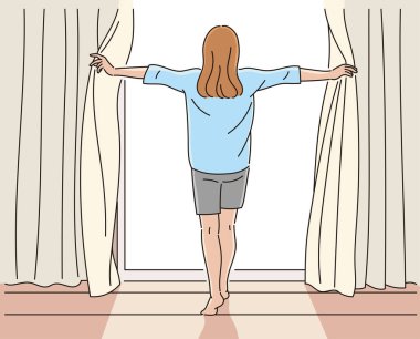 Back view of a girl opening a curtain on the big window. hand drawn style vector design illustrations.