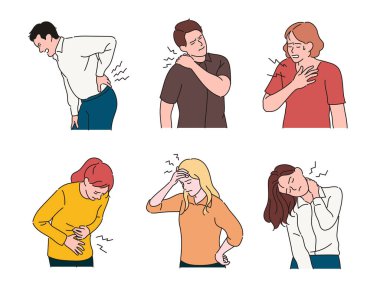 People who feel pain in different parts of the body. hand drawn style vector design illustrations.