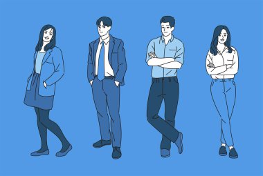 Style good people stand in confident poses. Blue solid color. hand drawn style vector design illustrations.