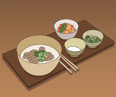 Asian Korean traditional food. Soups and side dishes on the plate. hand drawn style vector design illustrations.
