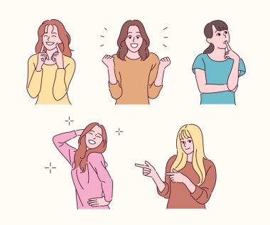 Pretty women characters with various expressions. hand drawn style vector design illustrations. clipart