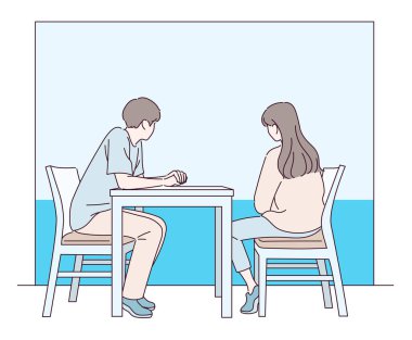 Back view of a couple looking at the sea. Quiet and gentle atmosphere. hand drawn style vector design illustrations.