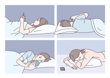 People are lying on the bed and using smartphones. Square frame. hand drawn style vector design illustrations.