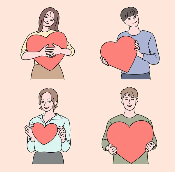 Young Men Women Holding Heart Shapes Hand Drawn Style Vector — 스톡 벡터