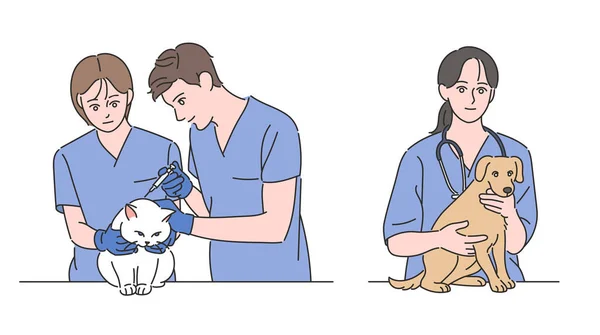 Veterinarians Care Dogs Cats Hand Drawn Style Vector Design Illustrations — 스톡 벡터