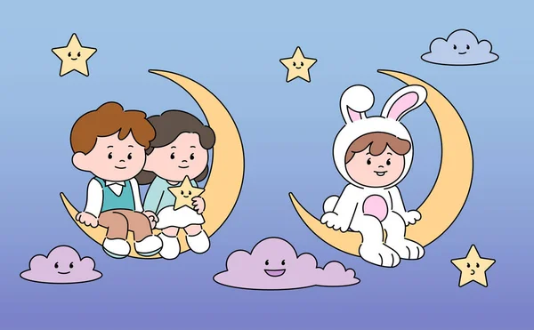 Cute Couple Sitting Crescent Moon Cute Rabbit Boy Sitting Crescent — 스톡 벡터