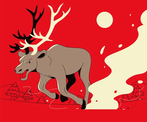 Christmas Rudolph Reindeer Running Wild Red Card Hand Drawn Style — Stockový vektor