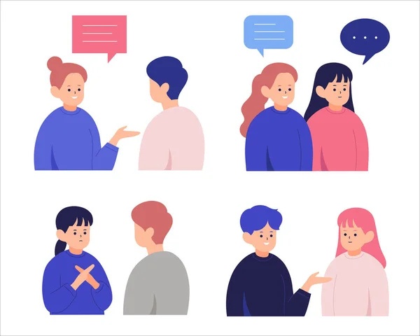 Boys Girls Talking Introducing Each Other Making Gesture Rejection Hand — Vector de stock