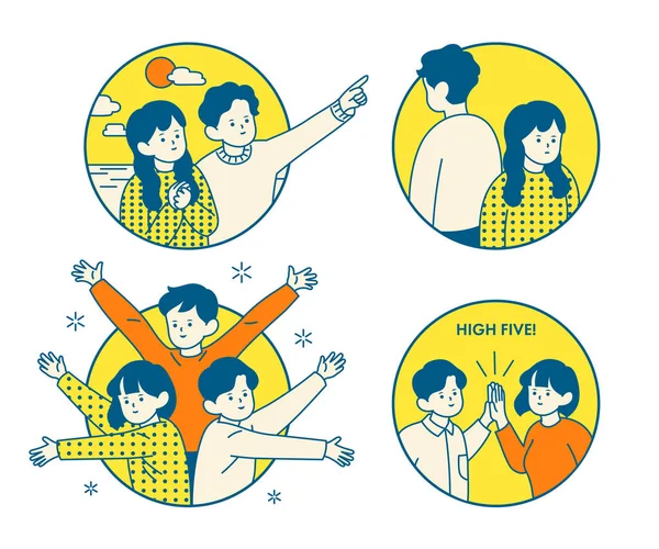 Person Character Circle Frame Friends Cheering Fighting Each Other Simple — Wektor stockowy