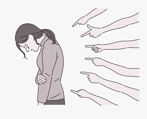 Woman Bowing Her Face Many Fingers Blame Woman Hand Drawn — Wektor stockowy