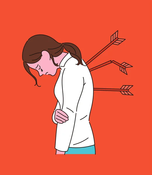 Woman Bows Sad Arrow Stuck Her Back Hand Drawn Style — Stock Vector