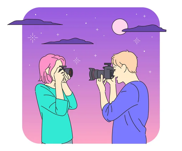 Man Woman Photographing Each Other Camera Night Sky Background Romantic — Vettoriale Stock