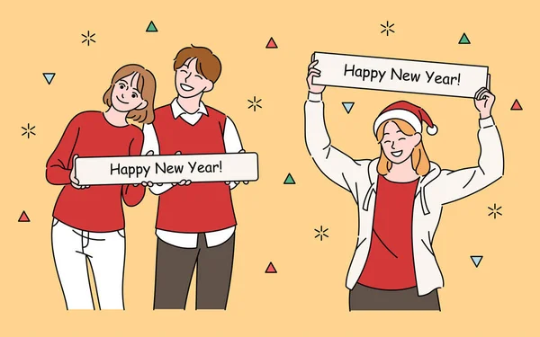 Lovely Couple Woman Holding Placards New Year Messages Hand Drawn — Stok Vektör