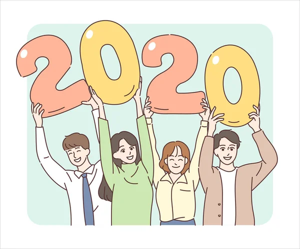 People Lifting 2020 Number Cards Smiling Hand Drawn Style Vector — 图库矢量图片