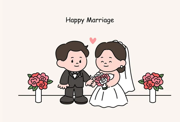 Cute Groom Bride Characters Wedding Hand Drawn Style Vector Design — 스톡 벡터