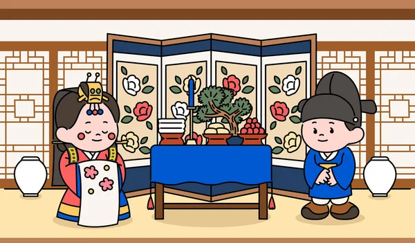 A couple having a traditional wedding in Korean traditional wedding dress. Korean background with food table. hand drawn style vector design illustrations.