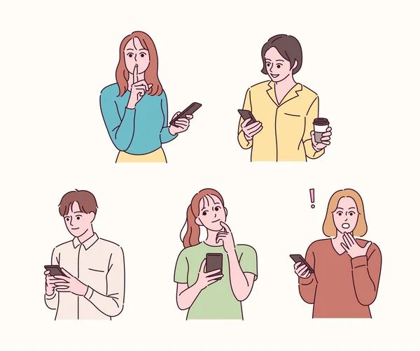 Various Expressions People Holding Mobile Phones Hand Drawn Style Vector — Stock vektor