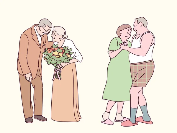 Old Man Giving Flowers Old Woman Elderly Couple Dancing Romantically — 스톡 벡터