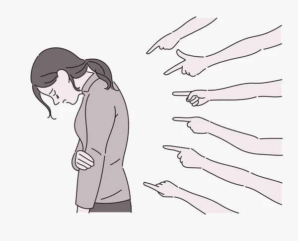 Woman Bowing Her Face Many Fingers Blame Woman Hand Drawn 스톡 벡터