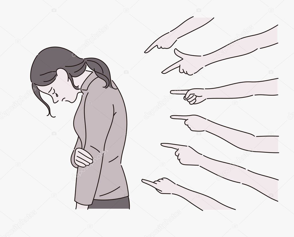 A woman is bowing her face. Many fingers blame a woman. hand drawn style vector design illustrations.