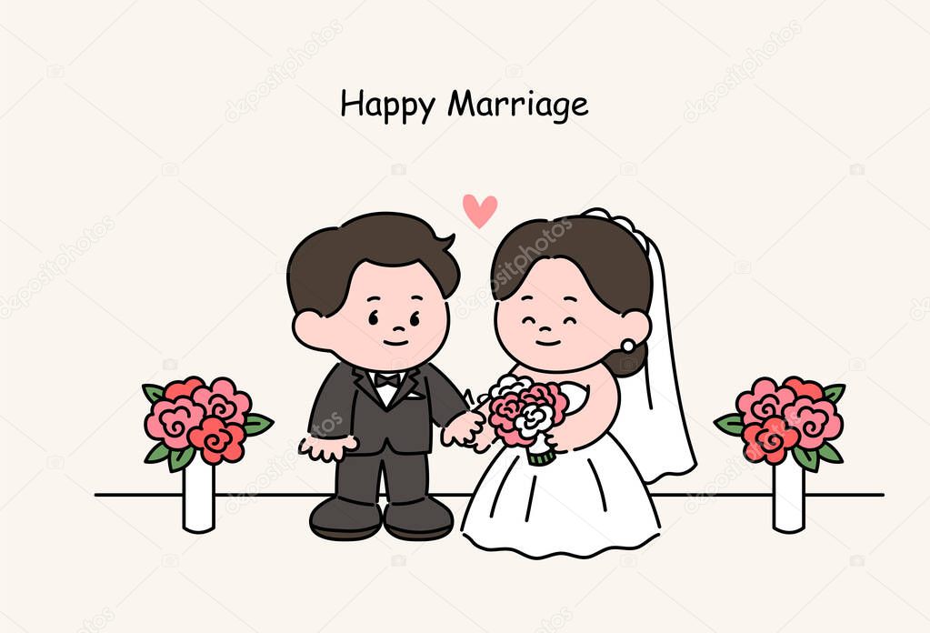 Cute groom and bride characters for wedding. hand drawn style vector design illustrations.