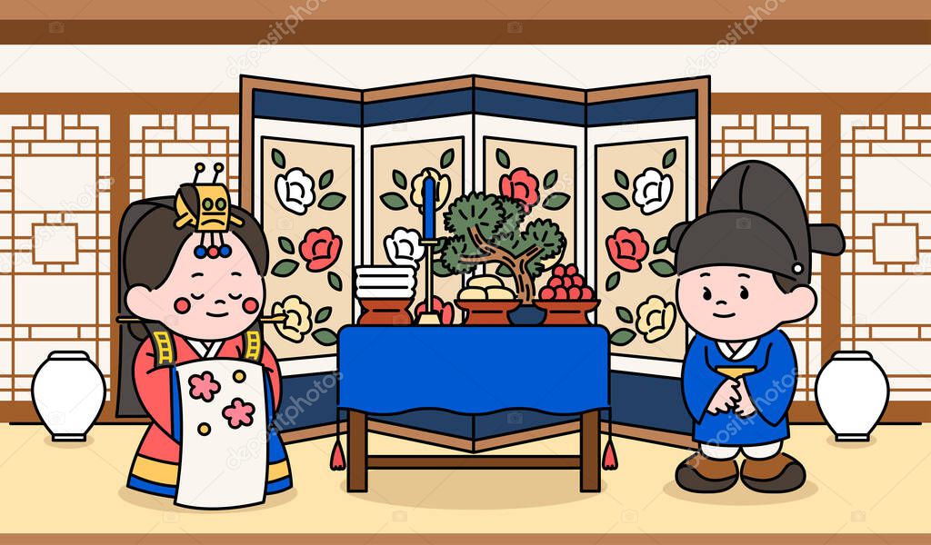 A couple having a traditional wedding in Korean traditional wedding dress. Korean background with food table. hand drawn style vector design illustrations.