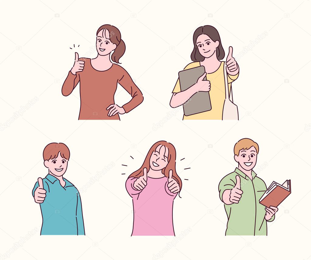 Female and male characters showing thumbs up. hand drawn style vector design illustrations.