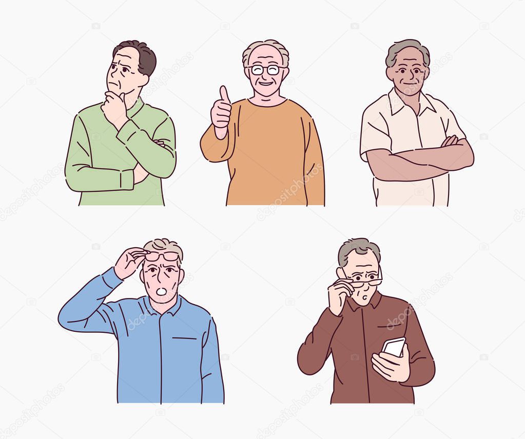 Older men characters in different styles. hand drawn style vector design illustrations.