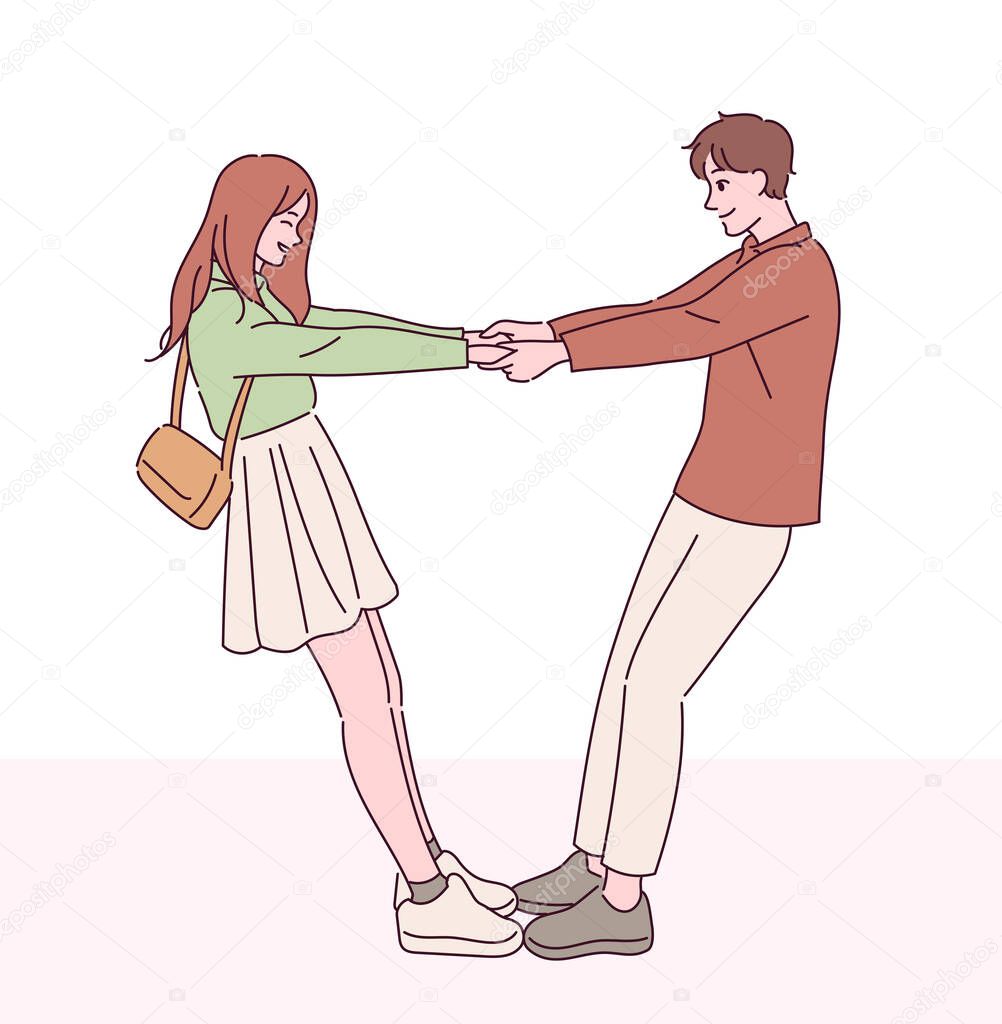 A couple hold each other hands in cute poses. hand drawn style vector design illustrations.